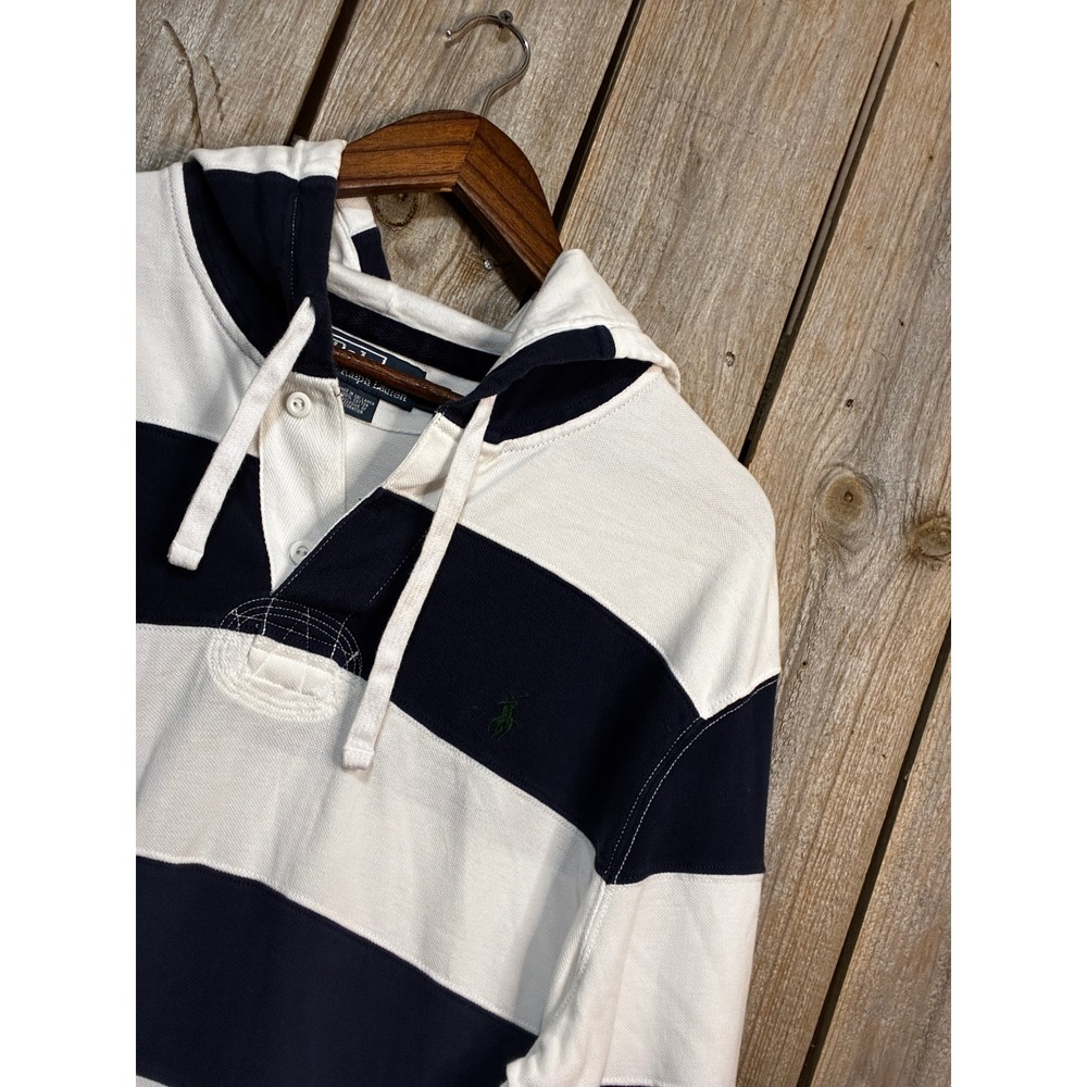 Polo Ralph Lauren Mens XL Hooded Rugby Shirt Navy White Striped Pique LS